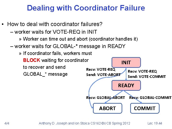 Dealing with Coordinator Failure • How to deal with coordinator failures? – worker waits