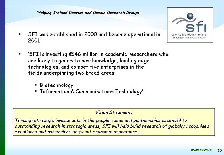 ‘Helping Ireland Recruit and Retain Research Groups’ § SFI was established in 2000 and
