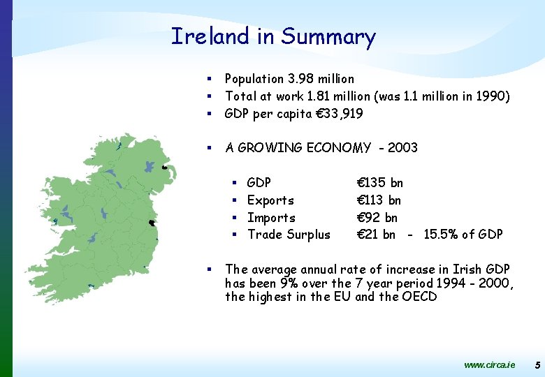 Ireland in Summary § § § Population 3. 98 million Total at work 1.