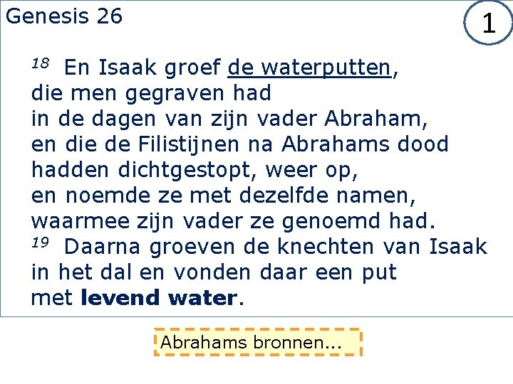 Genesis 26 1 En Isaak groef de waterputten, die men gegraven had in de