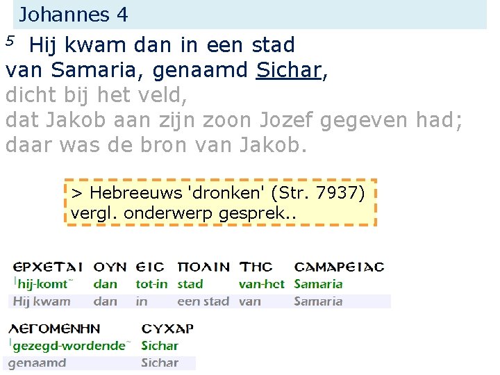 Johannes 4 Hij kwam dan in een stad van Samaria, genaamd Sichar, dicht bij