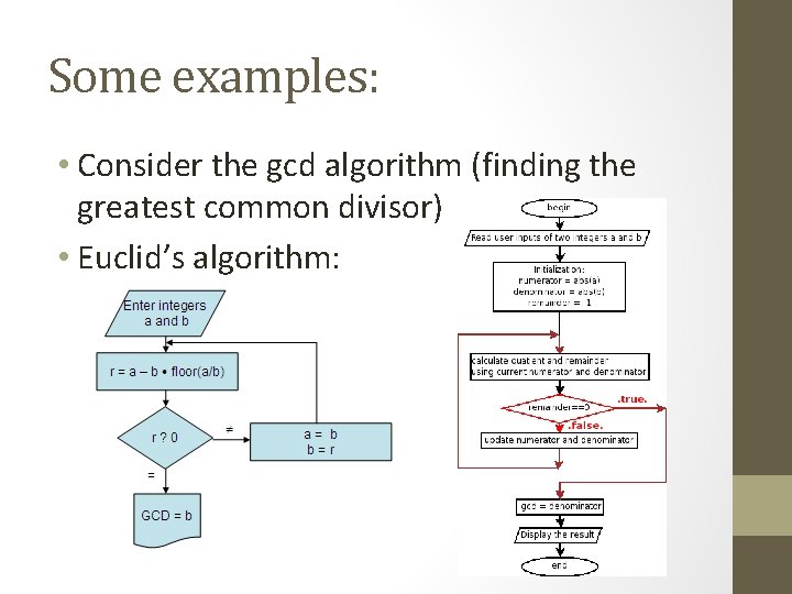 Some examples: • Consider the gcd algorithm (finding the greatest common divisor) • Euclid’s