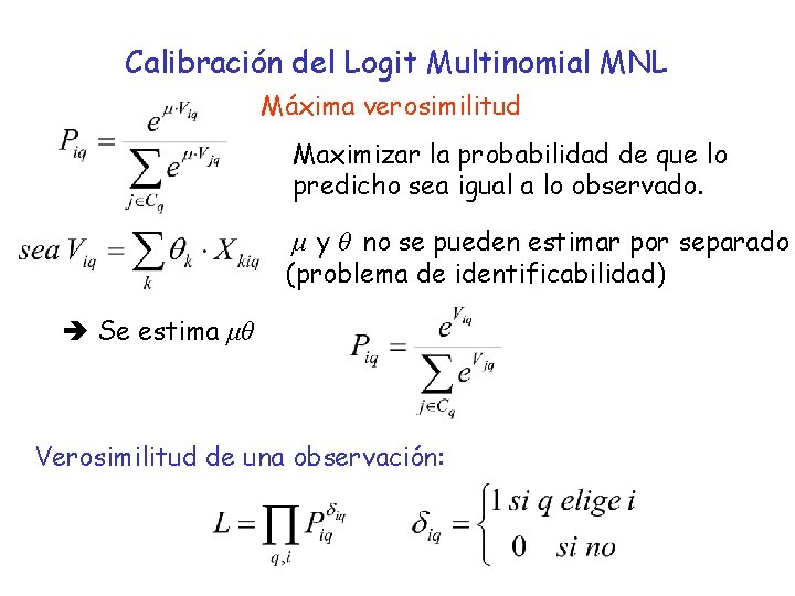 Calibración del Logit Multinomial MNL Máxima verosimilitud Maximizar la probabilidad de que lo predicho