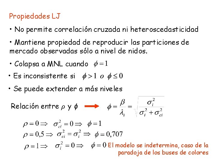 Propiedades LJ • No permite correlación cruzada ni heteroscedasticidad • Mantiene propiedad de reproducir