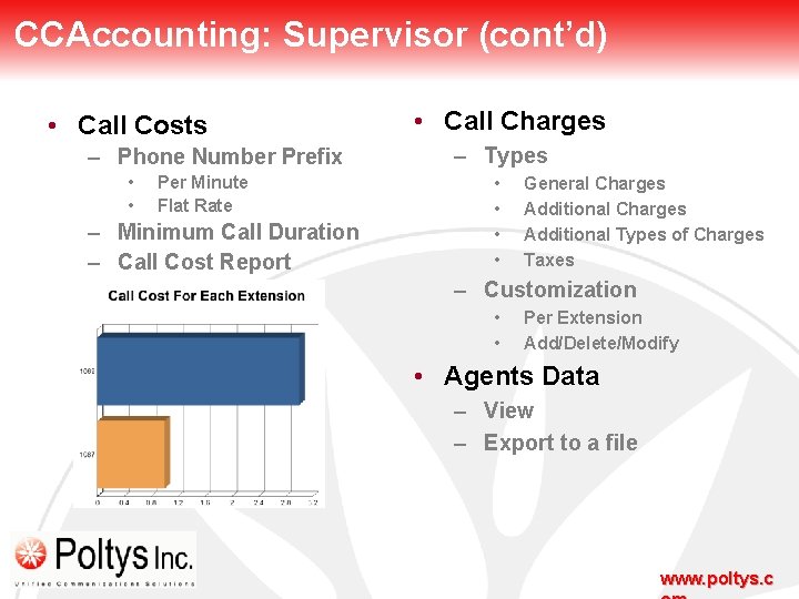 CCAccounting: Supervisor (cont’d) • Call Costs – Phone Number Prefix • • Per Minute