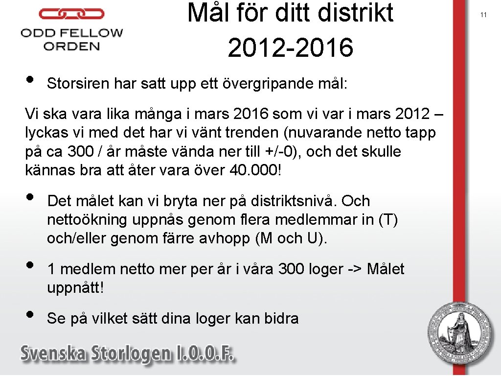 Mål för ditt distrikt 2012 -2016 • Storsiren har satt upp ett övergripande mål: