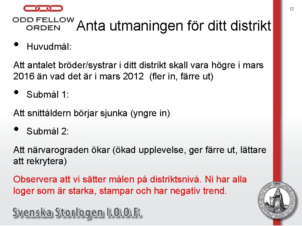 12 Anta utmaningen för ditt distrikt • Huvudmål: Att antalet bröder/systrar i ditt distrikt