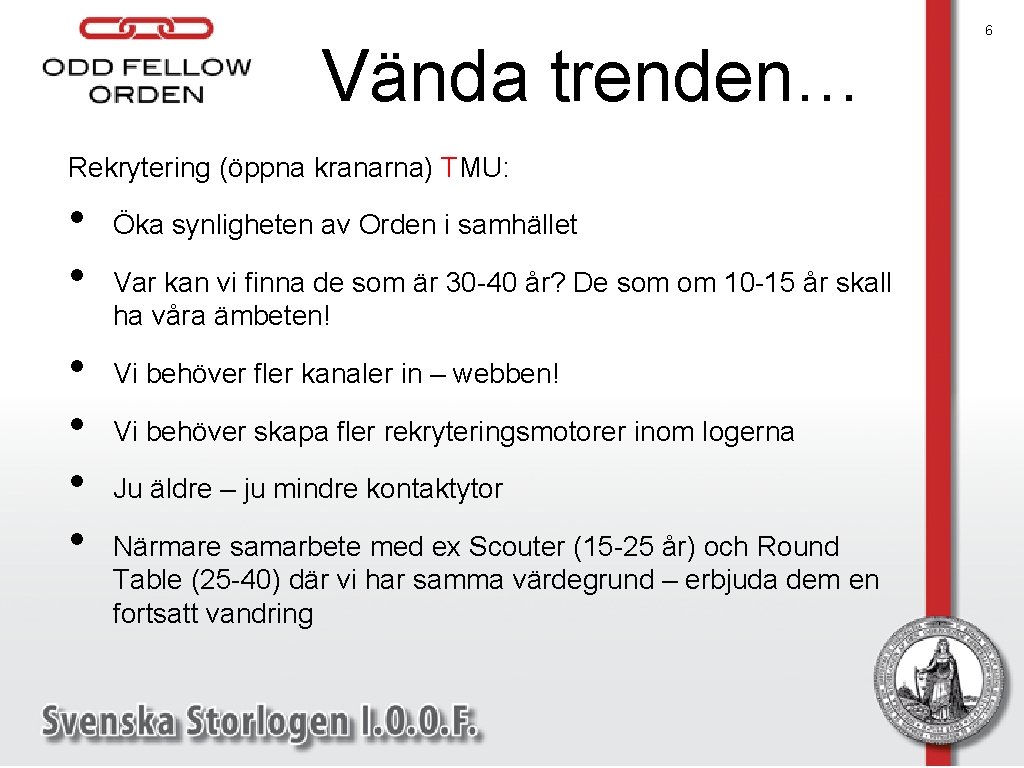 Vända trenden… Rekrytering (öppna kranarna) TMU: • • • Öka synligheten av Orden i