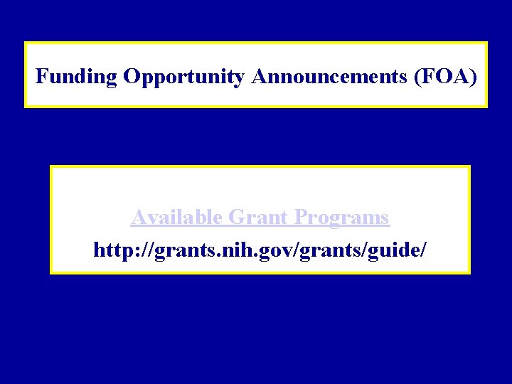 Funding Opportunity Announcements (FOA) Available Grant Programs http: //grants. nih. gov/grants/guide/ 