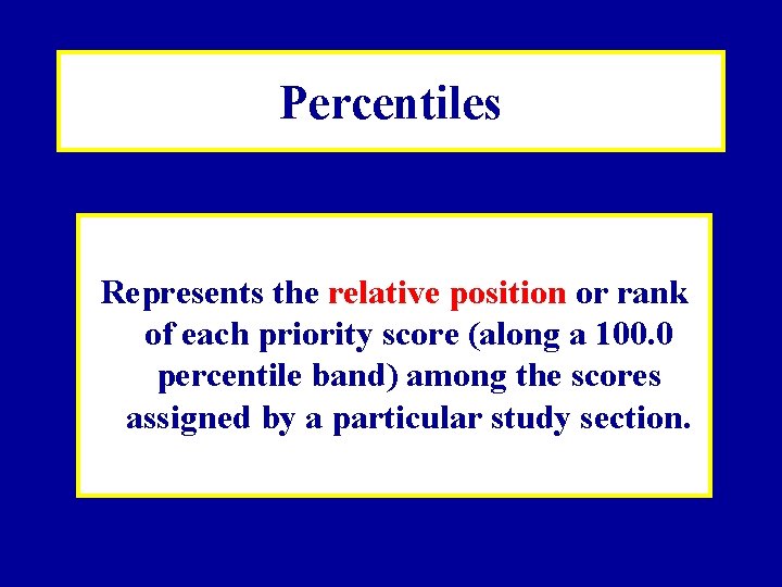 Percentiles Represents the relative position or rank of each priority score (along a 100.