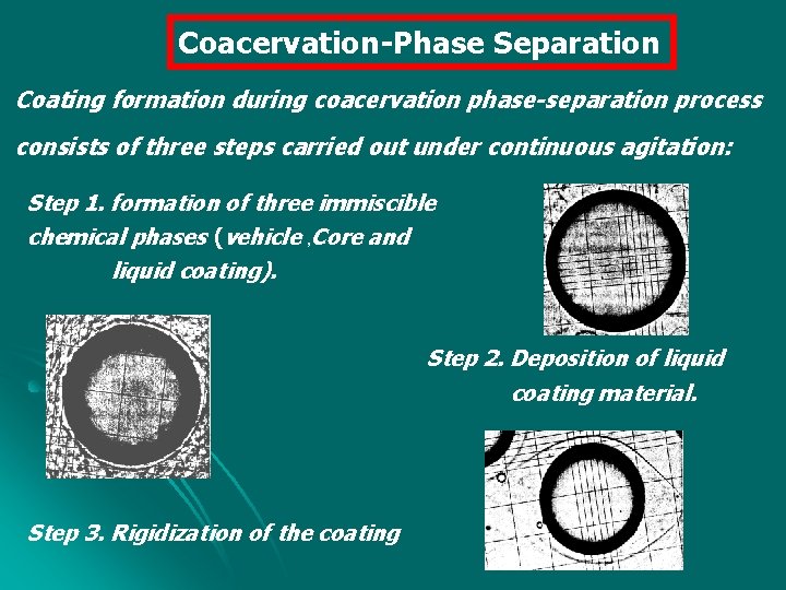 Coacervation Phase Separation Coating formation during coacervation phase-separation process consists of three steps carried