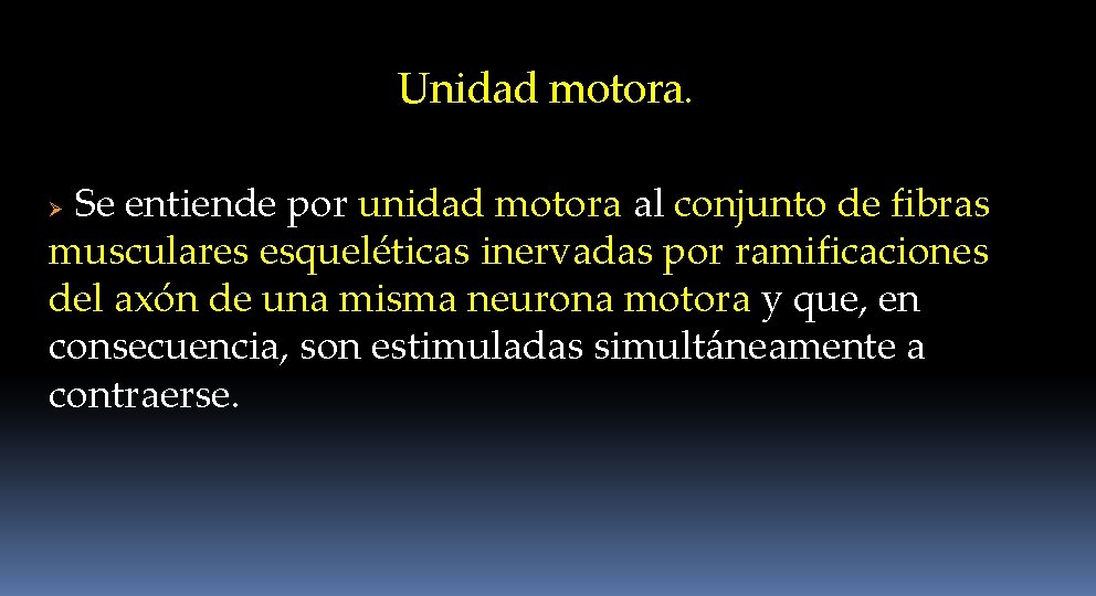 Unidad motora. Se entiende por unidad motora al conjunto de fibras musculares esqueléticas inervadas