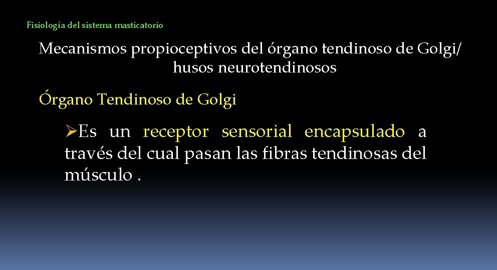 Fisiología del sistema masticatorio Mecanismos propioceptivos del órgano tendinoso de Golgi/ husos neurotendinosos Órgano