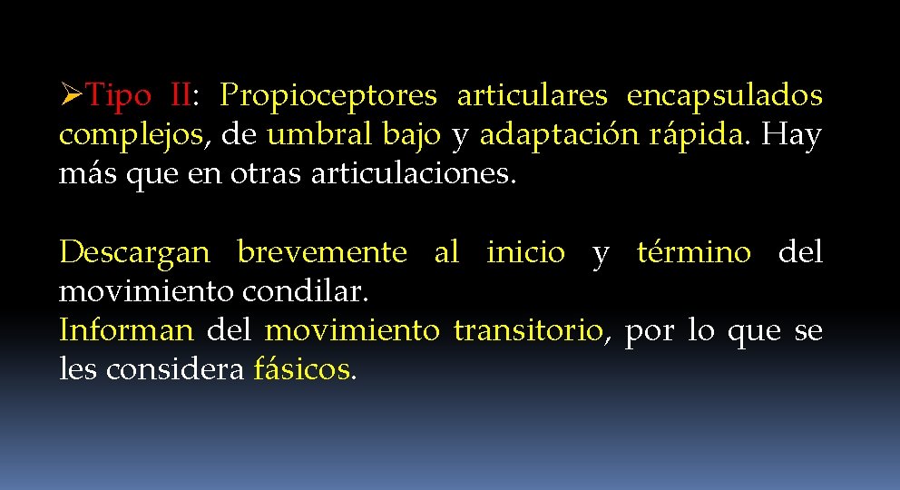 ØTipo II: Propioceptores articulares encapsulados complejos, de umbral bajo y adaptación rápida. Hay más