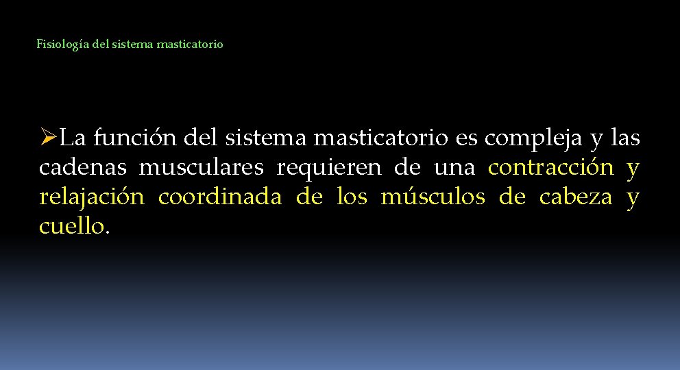 Fisiología del sistema masticatorio ØLa función del sistema masticatorio es compleja y las cadenas