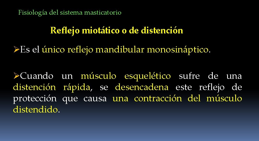 Fisiología del sistema masticatorio Reflejo miotático o de distención ØEs el único reflejo mandibular
