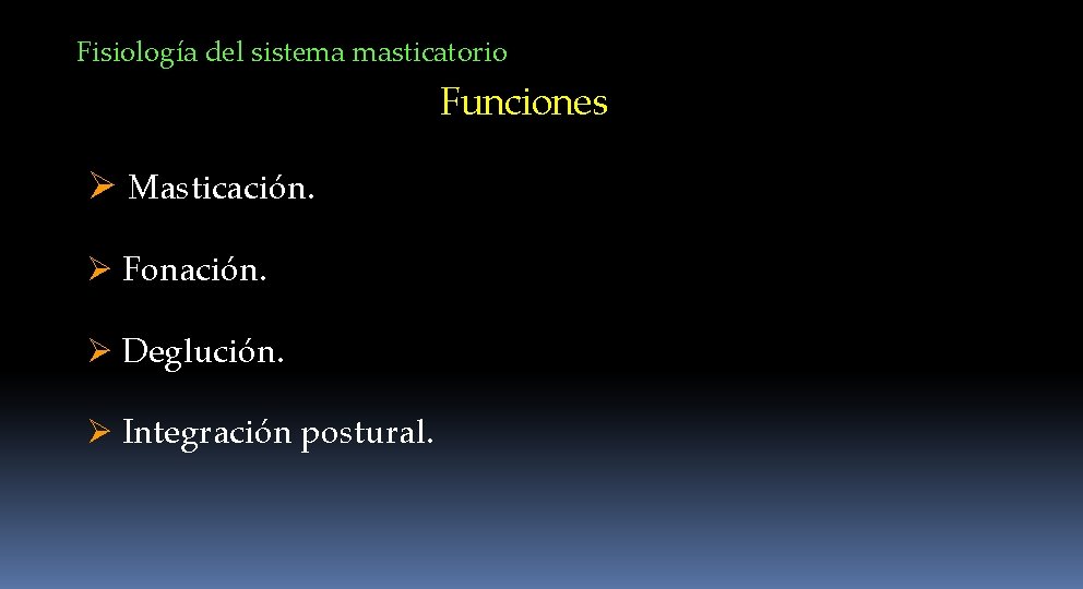 Fisiología del sistema masticatorio Funciones Ø Masticación. Ø Fonación. Ø Deglución. Ø Integración postural.