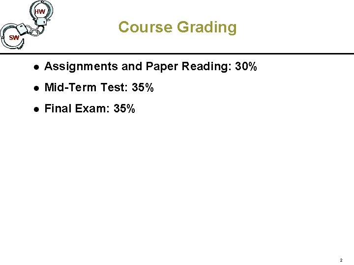HW Course Grading SW l Assignments and Paper Reading: 30% l Mid-Term Test: 35%
