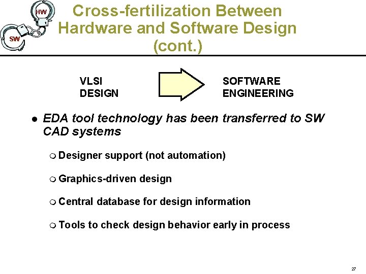 HW SW Cross-fertilization Between Hardware and Software Design (cont. ) VLSI DESIGN l SOFTWARE