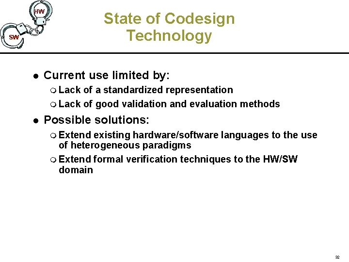 HW State of Codesign Technology SW l Current use limited by: m Lack of