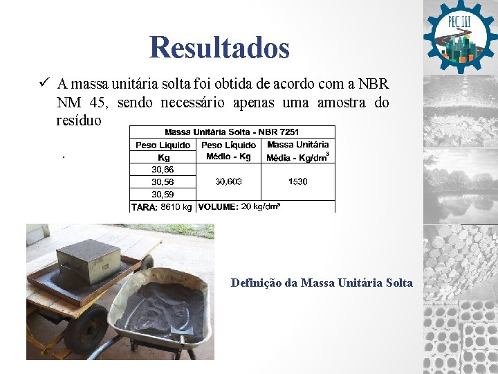 Resultados ü A massa unitária solta foi obtida de acordo com a NBR NM