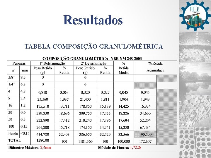 Resultados TABELA COMPOSIÇÃO GRANULOMÉTRICA 