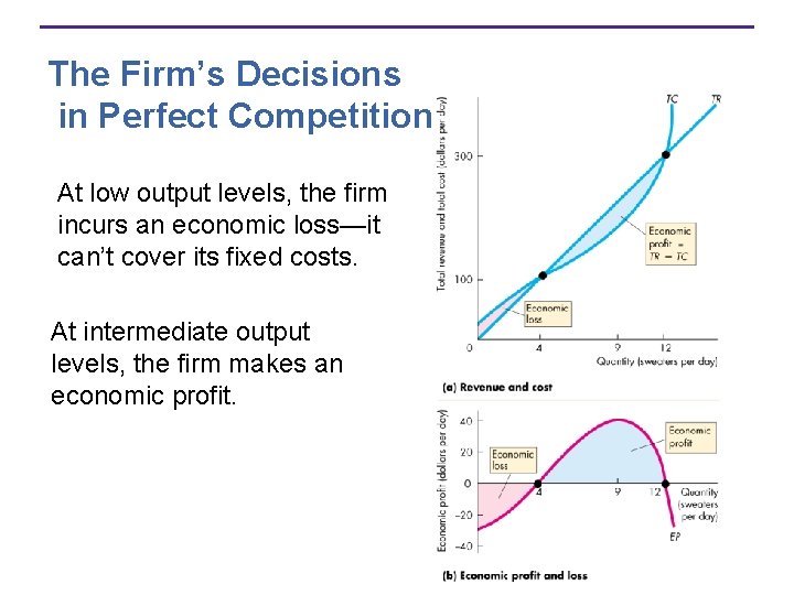 The Firm’s Decisions in Perfect Competition At low output levels, the firm incurs an