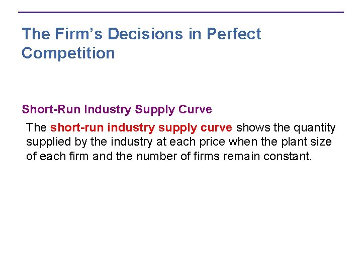 The Firm’s Decisions in Perfect Competition Short-Run Industry Supply Curve The short-run industry supply