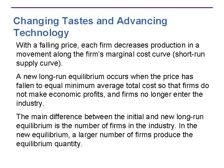 Changing Tastes and Advancing Technology With a falling price, each firm decreases production in