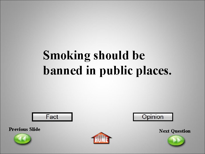 Smoking should be banned in public places. Previous Slide Next Question 