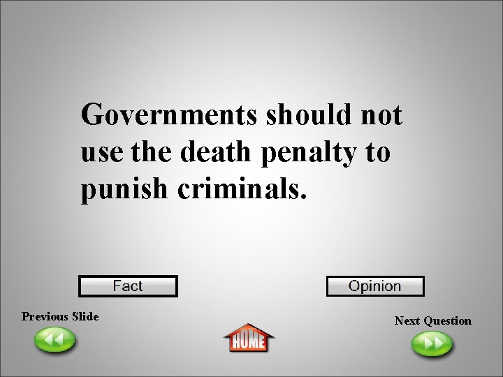 Governments should not use the death penalty to punish criminals. Previous Slide Next Question