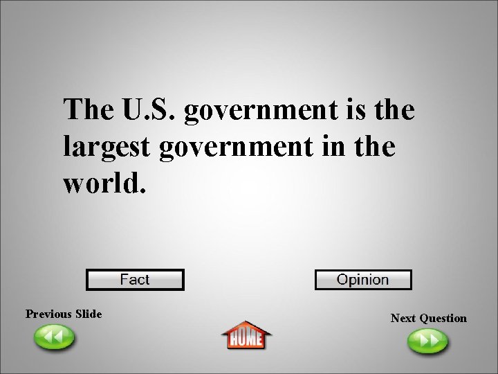 The U. S. government is the largest government in the world. Previous Slide Next