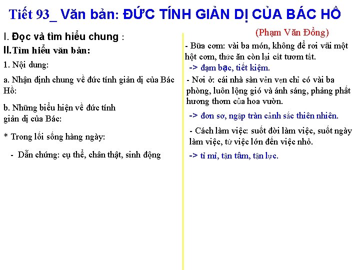 Tiết 93_ Văn bản: ĐỨC TÍNH GIẢN DỊ CỦA BÁC HỒ I. Đọc và