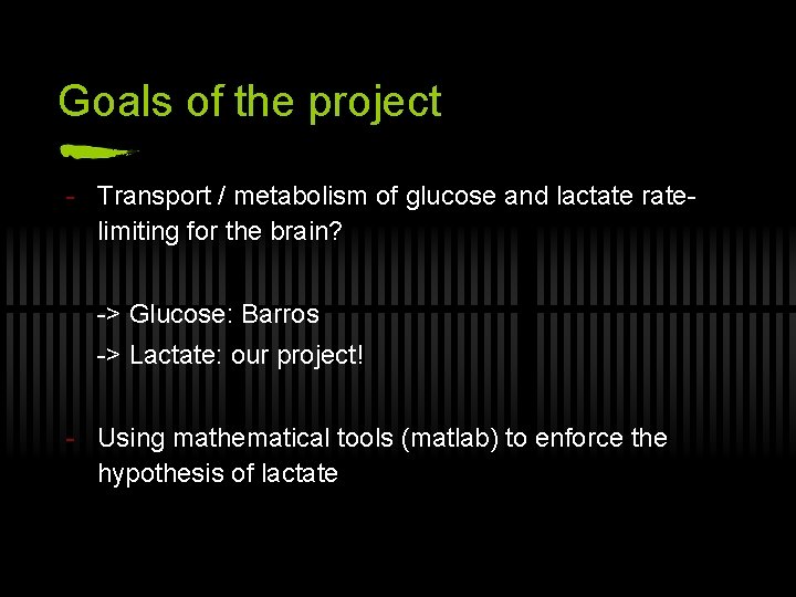 Goals of the project - Transport / metabolism of glucose and lactate ratelimiting for