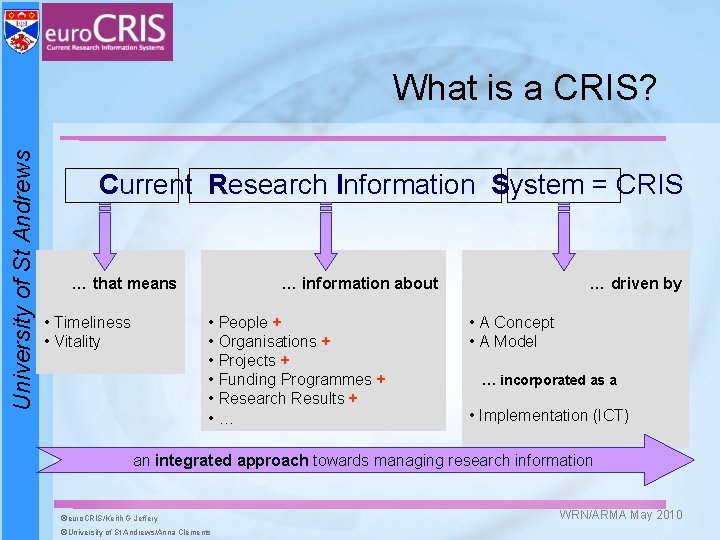 University of St Andrews What is a CRIS? Current Research Information System = CRIS University of St Andrews What is a CRIS? Current Research Information System = CRIS