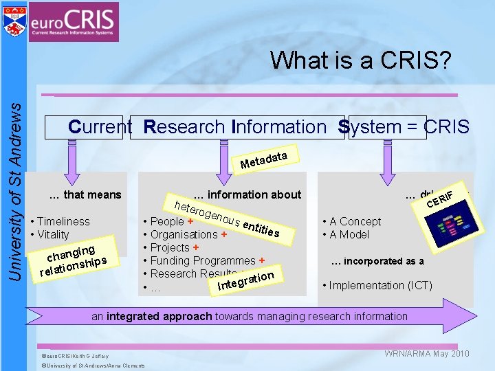 University of St Andrews What is a CRIS? Current Research Information System = CRIS University of St Andrews What is a CRIS? Current Research Information System = CRIS