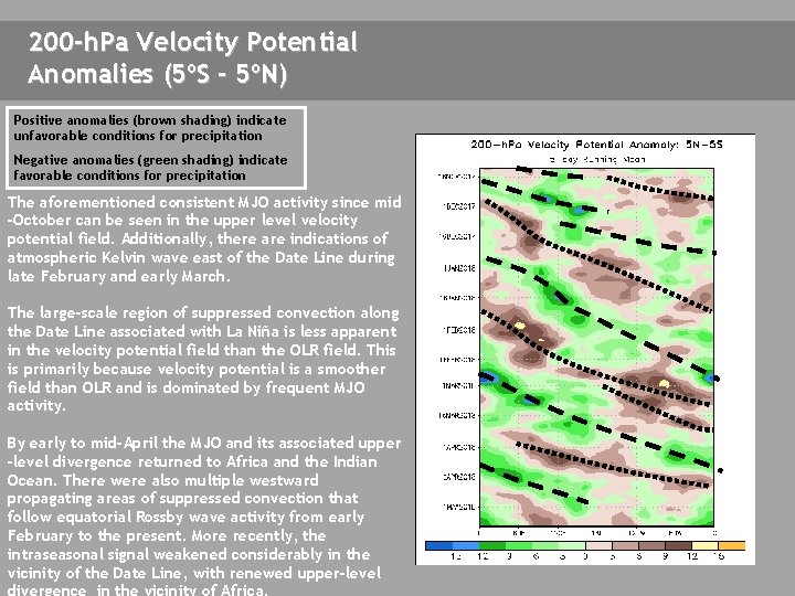 200 -h. Pa Velocity Potential Anomalies (5ºS - 5ºN) Positive anomalies (brown shading) indicate