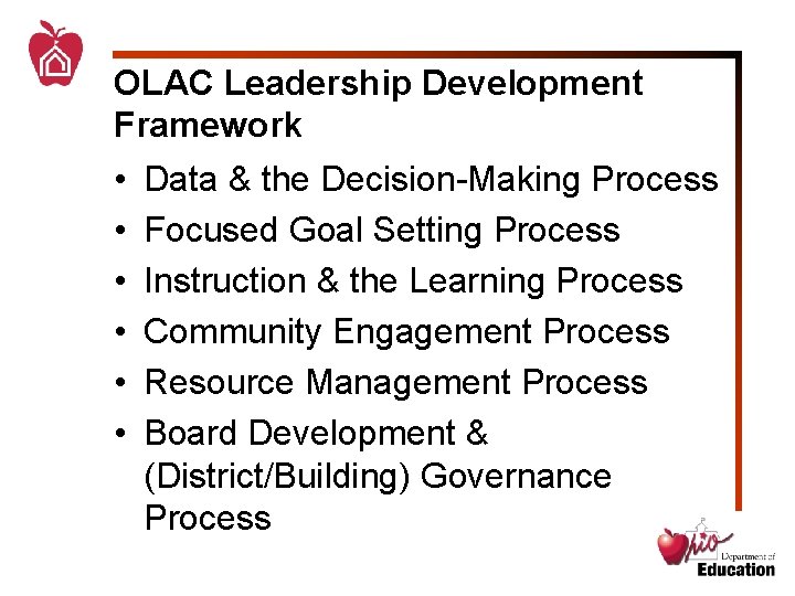 OLAC Leadership Development Framework • • • Data & the Decision-Making Process Focused Goal