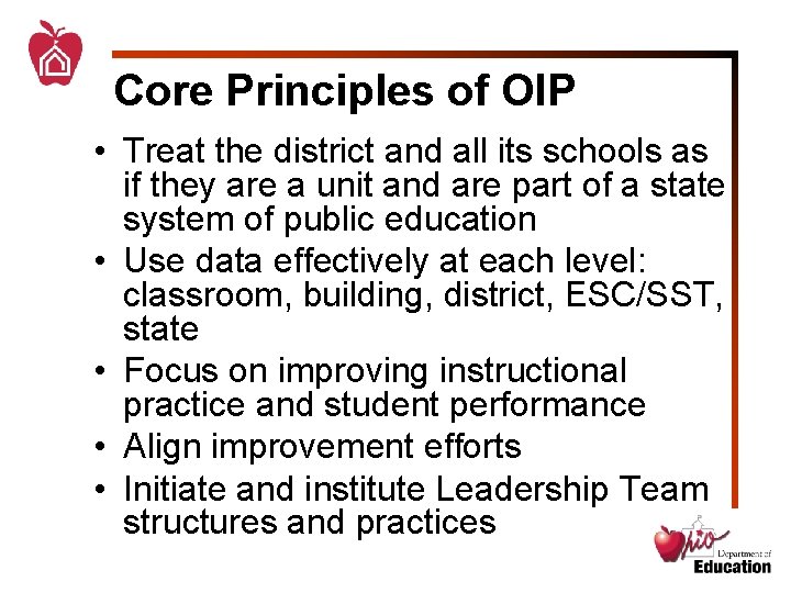 Core Principles of OIP • Treat the district and all its schools as if