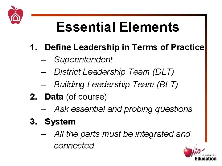 Essential Elements 1. Define Leadership in Terms of Practice – Superintendent – District Leadership