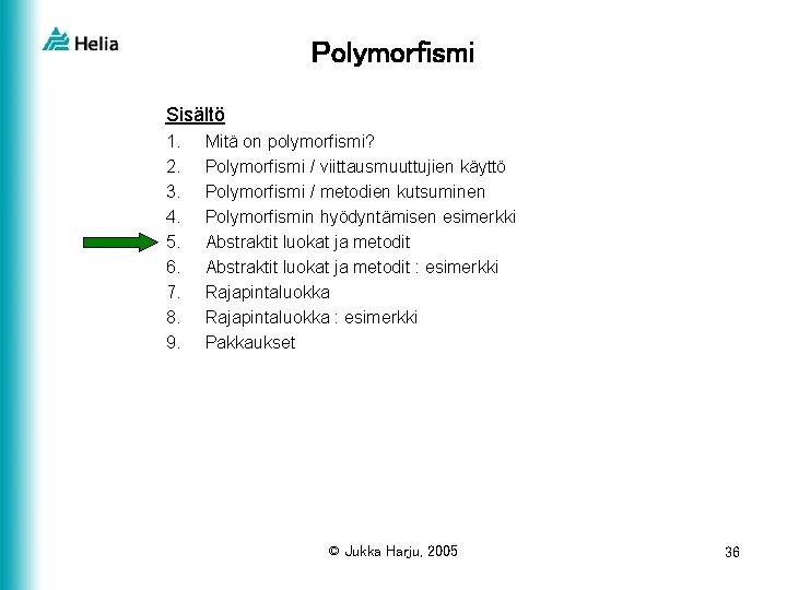 Polymorfismi Sisältö 1. 2. 3. 4. 5. 6. 7. 8. 9. Mitä on polymorfismi?