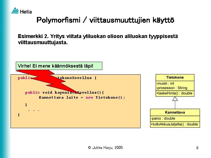 Polymorfismi / viittausmuuttujien käyttö Esimerkki 2. Yritys viitata yliluokan olioon aliluokan tyyppisestä viittausmuuttujasta. Virhe!