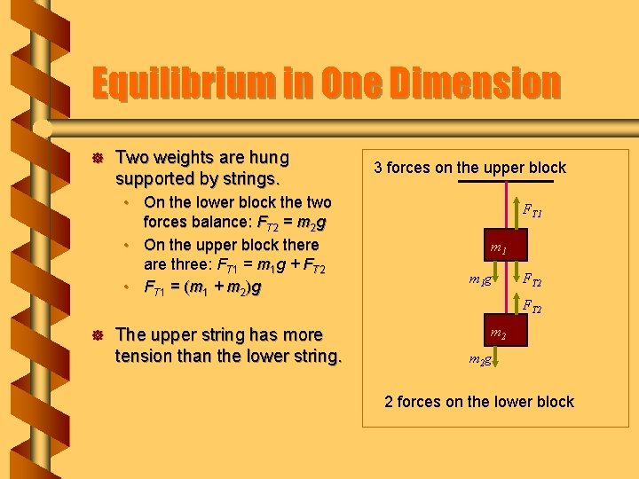 Equilibrium in One Dimension ] Two weights are hung supported by strings. • On