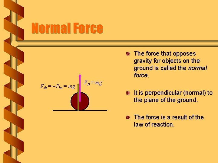 Normal Force Fsb = -Fbs = mg ] The force that opposes gravity for