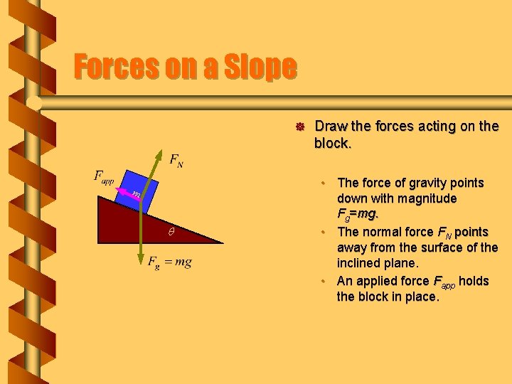 Forces on a Slope ] m q Draw the forces acting on the block.