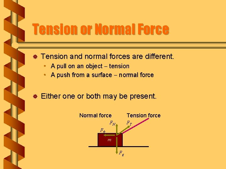 Tension or Normal Force ] Tension and normal forces are different. • A pull