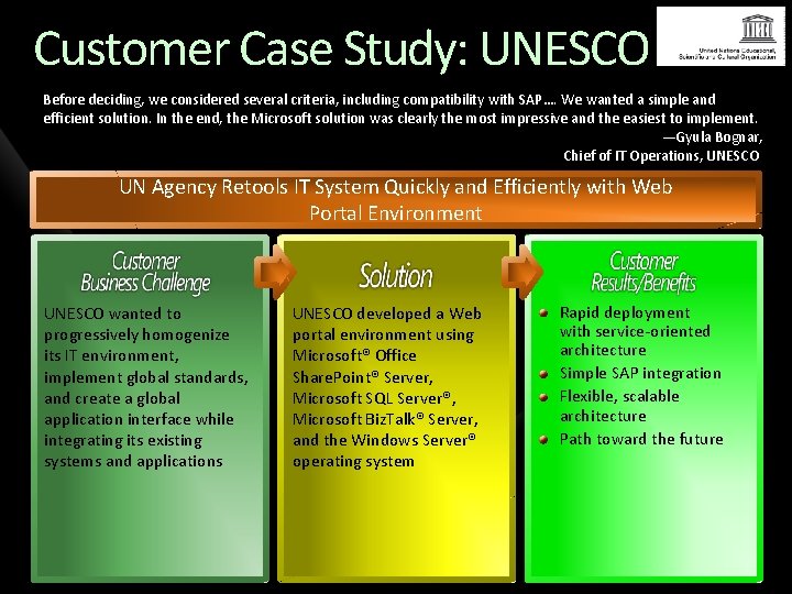 Customer Case Study: UNESCO Before deciding, we considered several criteria, including compatibility with SAP….