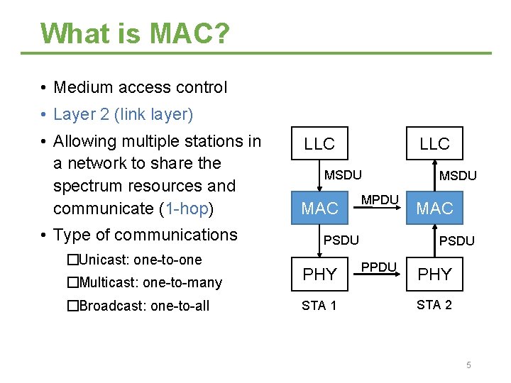 What is MAC? • Medium access control • Layer 2 (link layer) • Allowing