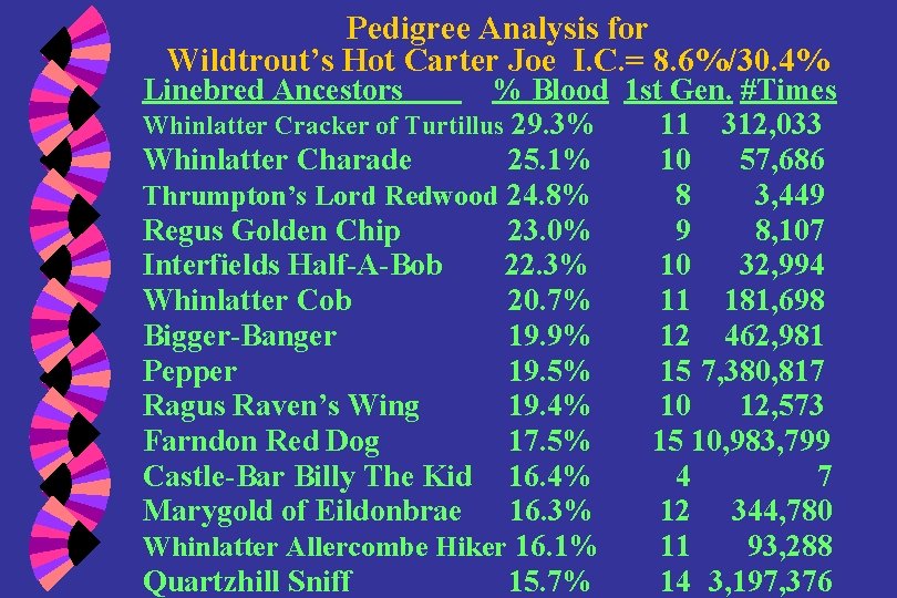 Pedigree Analysis for Wildtrout’s Hot Carter Joe I. C. = 8. 6%/30. 4% Linebred