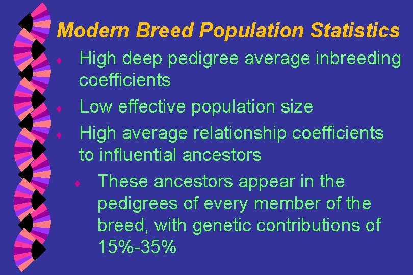 Modern Breed Population Statistics ♦ ♦ ♦ High deep pedigree average inbreeding coefficients Low